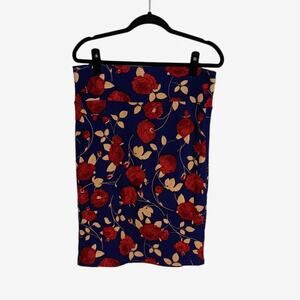 LULAROE Womens L Floral‎ Print "Cassie" Pencil Skirt Navy Blue Red Tan Stretch